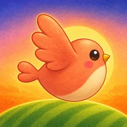 The Flippy Skies icon: a round orange bird flying over green hills with the sun setting behind it