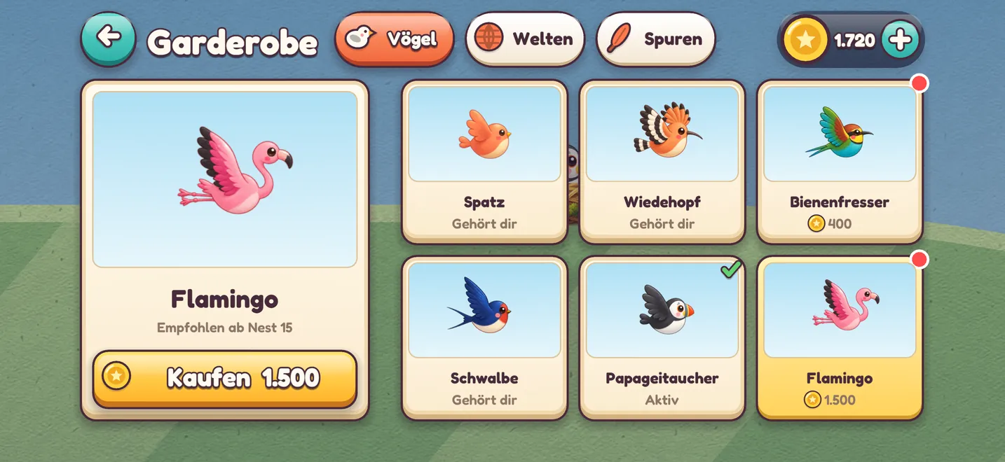 Die Garderobe: Spatz, Wiedehopf, Bienenfresser, Schwalbe, Papageitaucher und Flamingo, mit Münzen gekauft