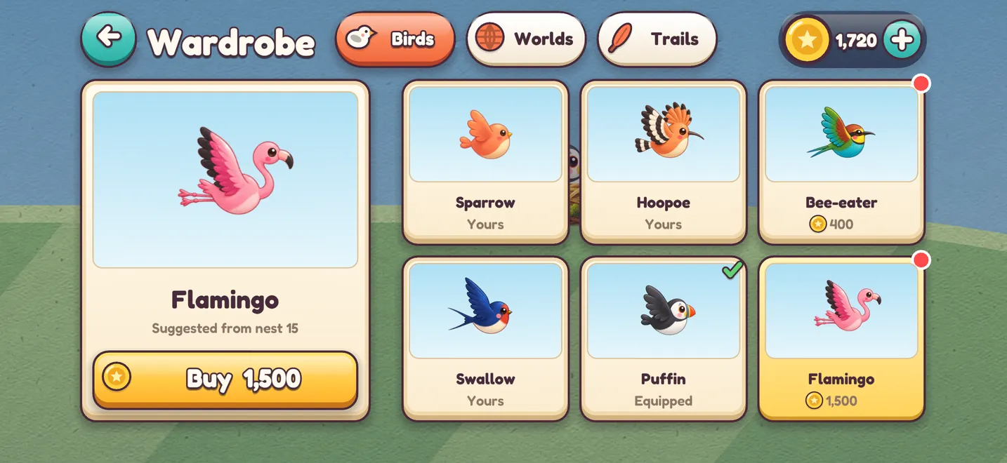 The wardrobe: sparrow, hoopoe, bee-eater, swallow, puffin and flamingo, bought with coins