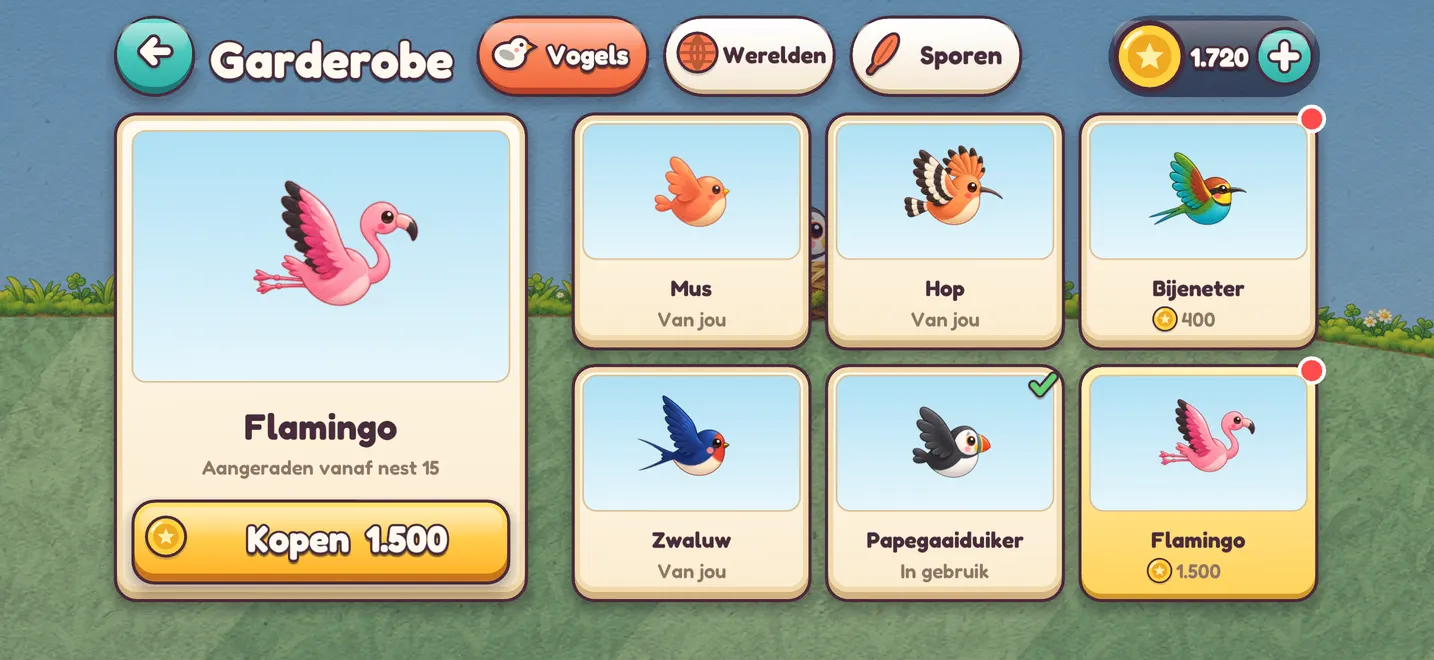 De garderobe: mus, hop, bijeneter, zwaluw, papegaaiduiker en flamingo, gekocht met munten